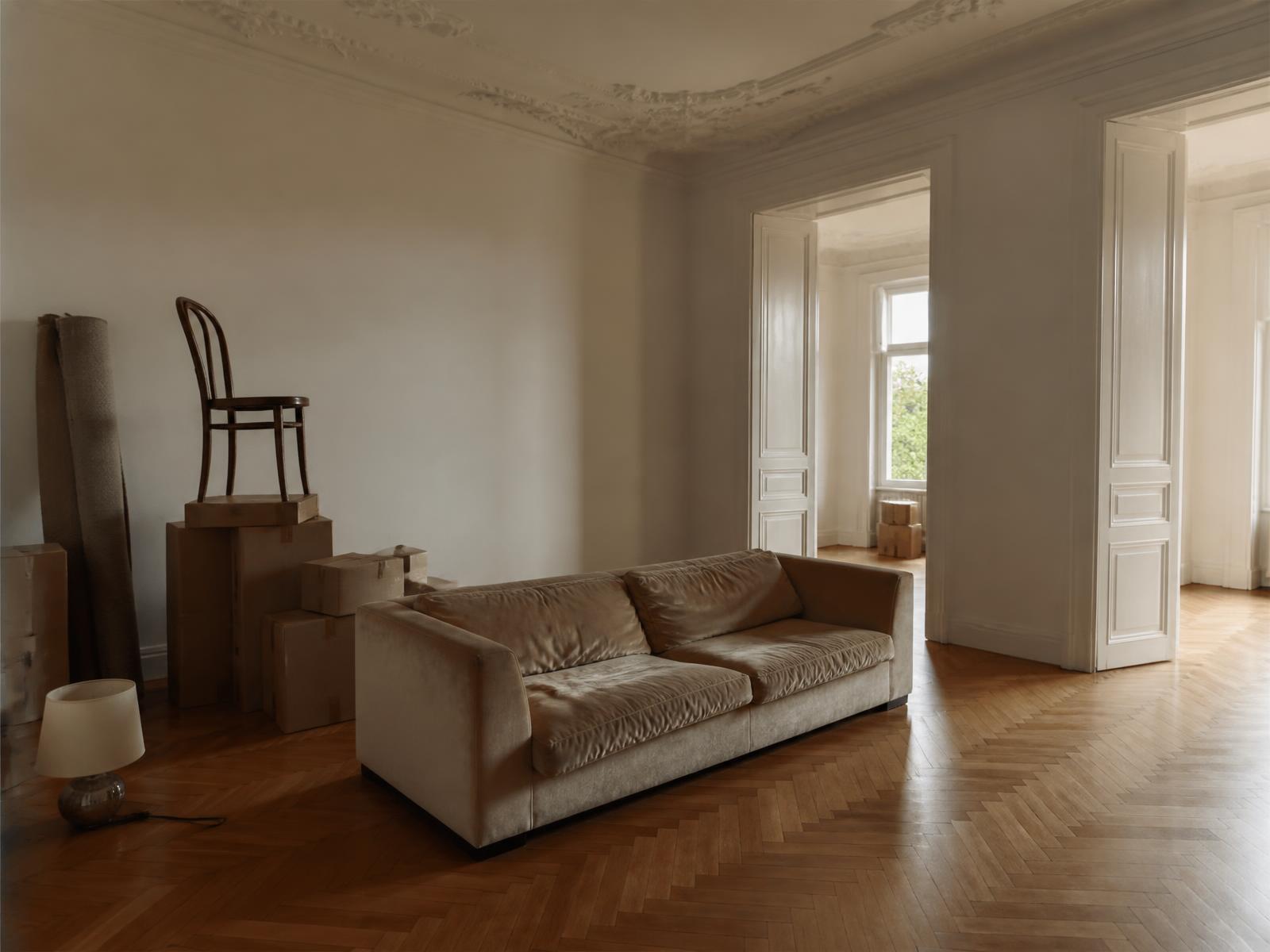 Wiener Altbauwohnung mit Sofa, Umzugskartons und Möbeln, bereit zum Transport